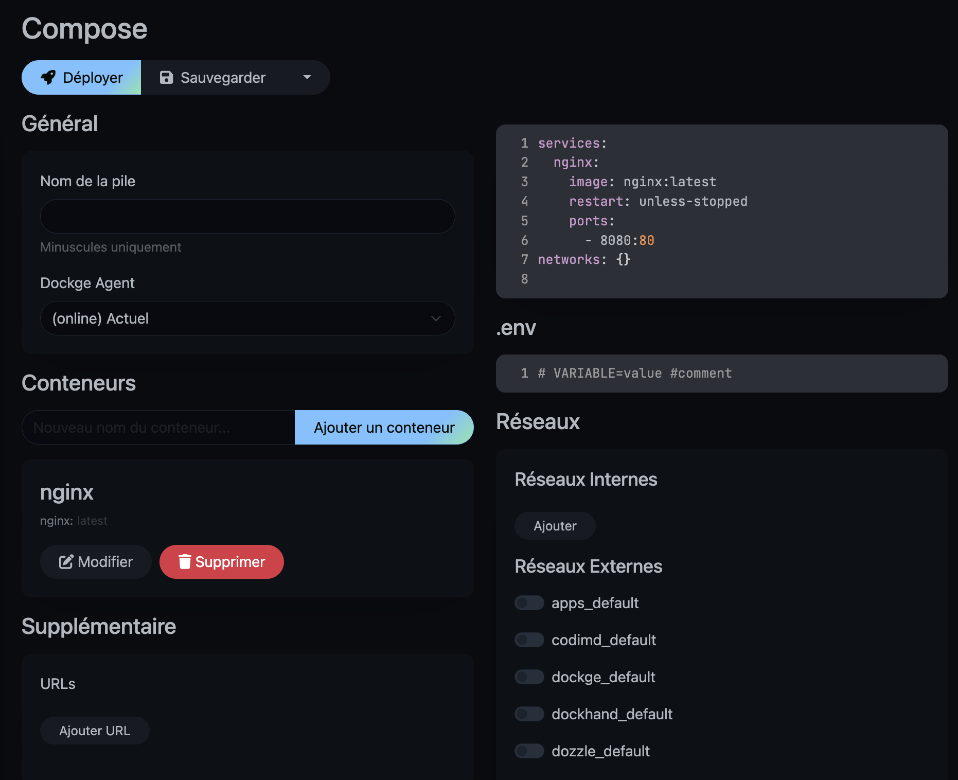 Dockge — écran de création d'une nouvelle stack avec l'éditeur compose intégré