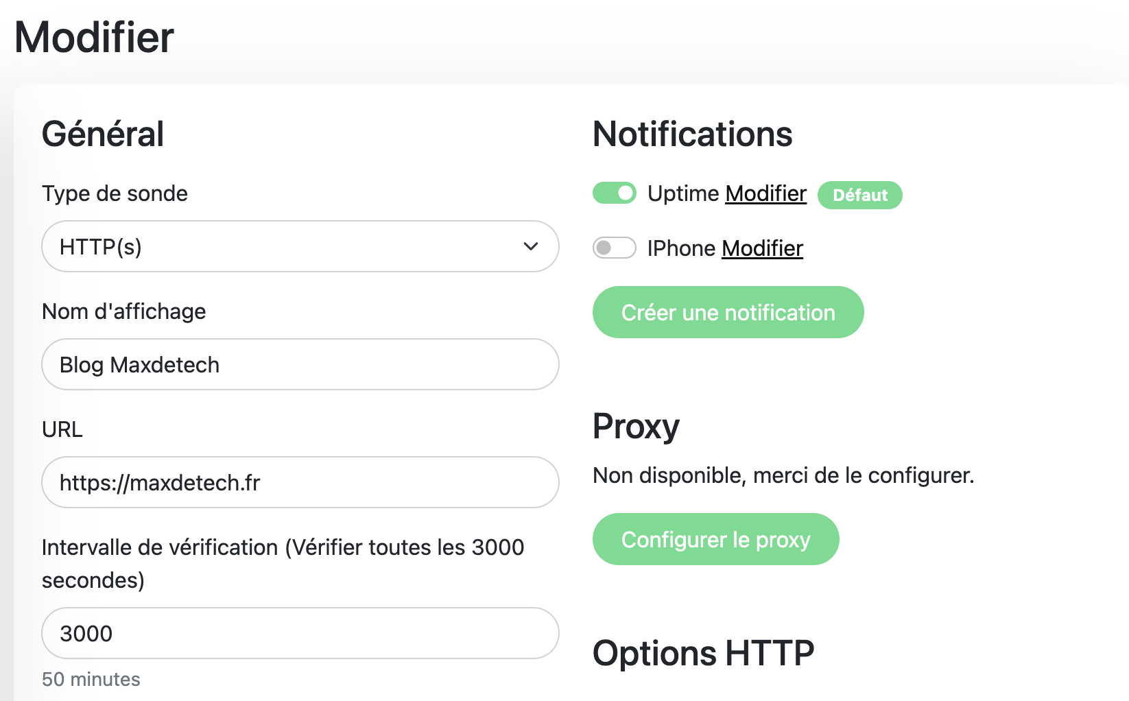 Uptime Kuma configuration d'un monitor HTTP avec intervalle et notifications
