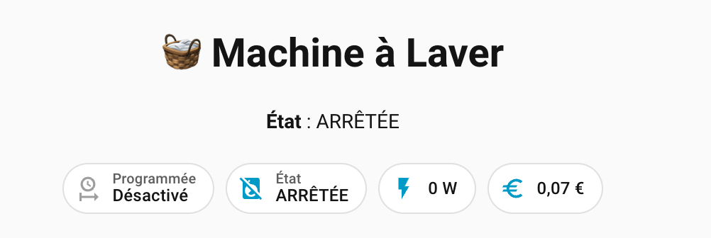 Carte Machine à Laver dans Home Assistant, état arrêtée, 0W