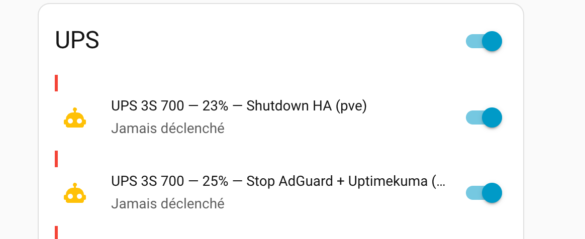 Automations UPS 3S 700 dans Home Assistant : shutdown HA à 23%, stop AdGuard à 25%