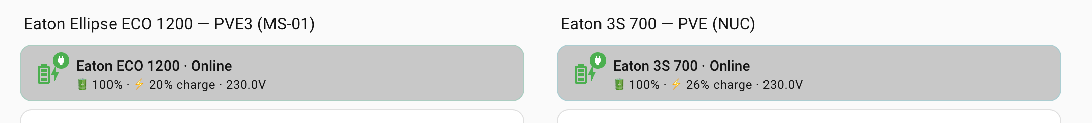 Dashboard UPS Home Assistant : Eaton ECO 1200 et 3S 700, tous deux Online à 100%
