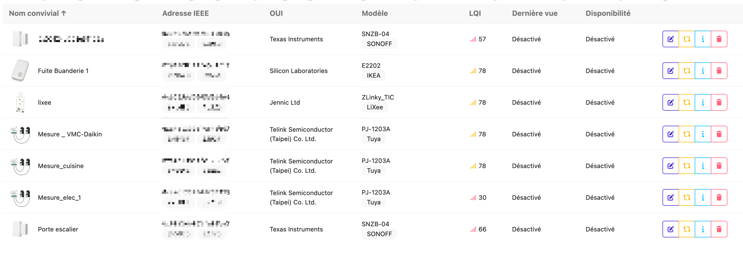 Liste des appareils Zigbee2MQTT : adresses IEEE, constructeurs (SONOFF, IKEA, Tuya, LiXee), LQI