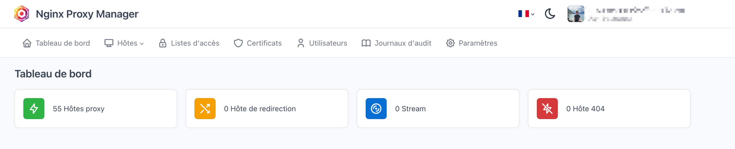 Tableau de bord Nginx Proxy Manager : 55 hôtes proxy actifs
