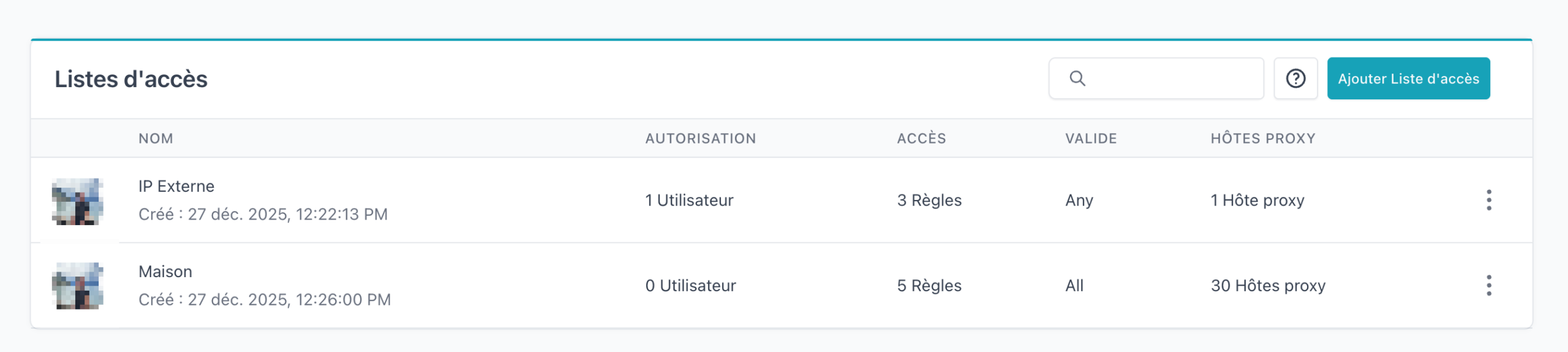 Listes d'accès NPM : Maison (30 hôtes, réseau local) et IP Externe (1 hôte, IPs restreintes)