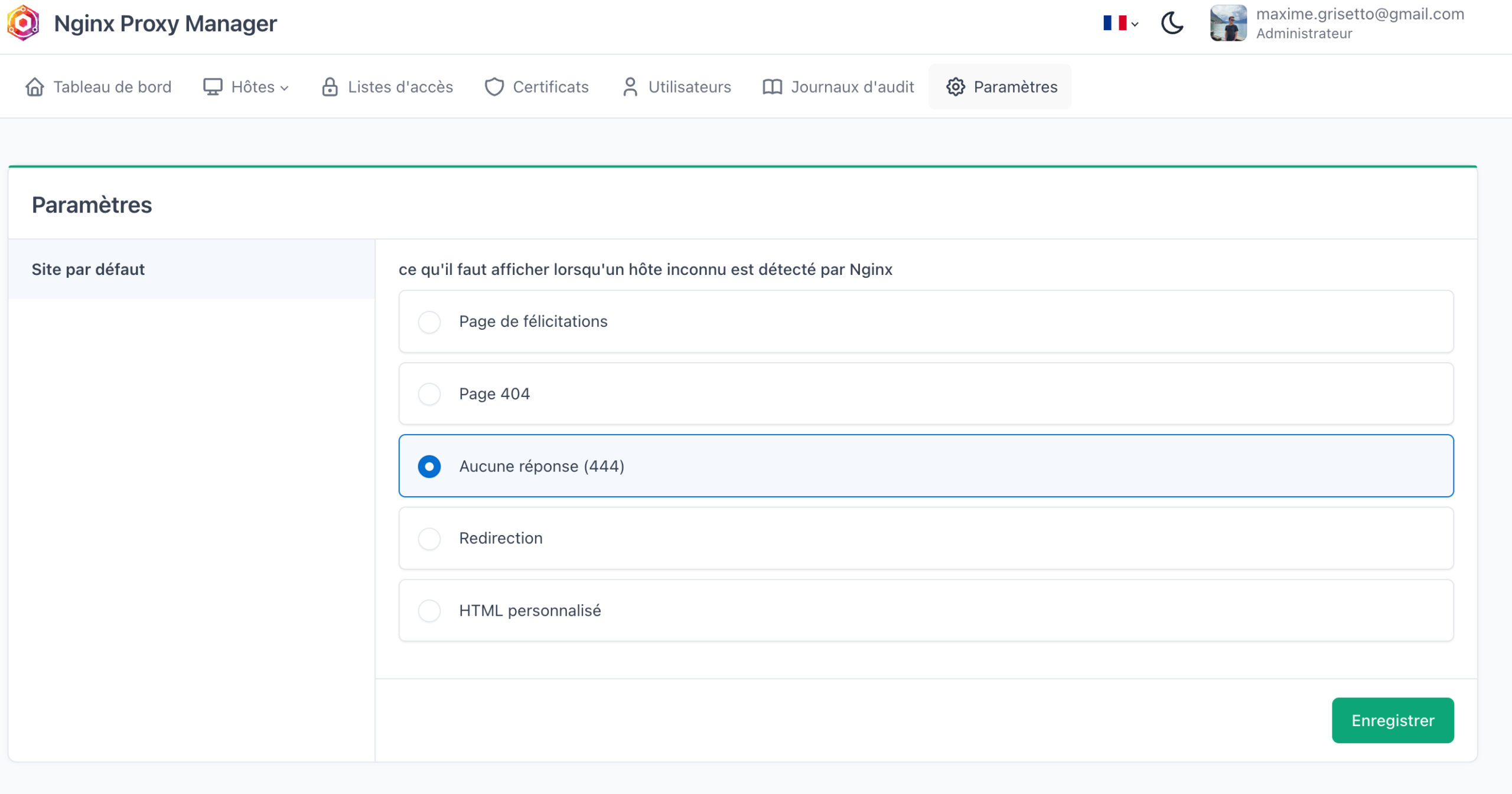 Paramètres NPM : site par défaut configuré sur Aucune réponse 444 pour les hôtes inconnus