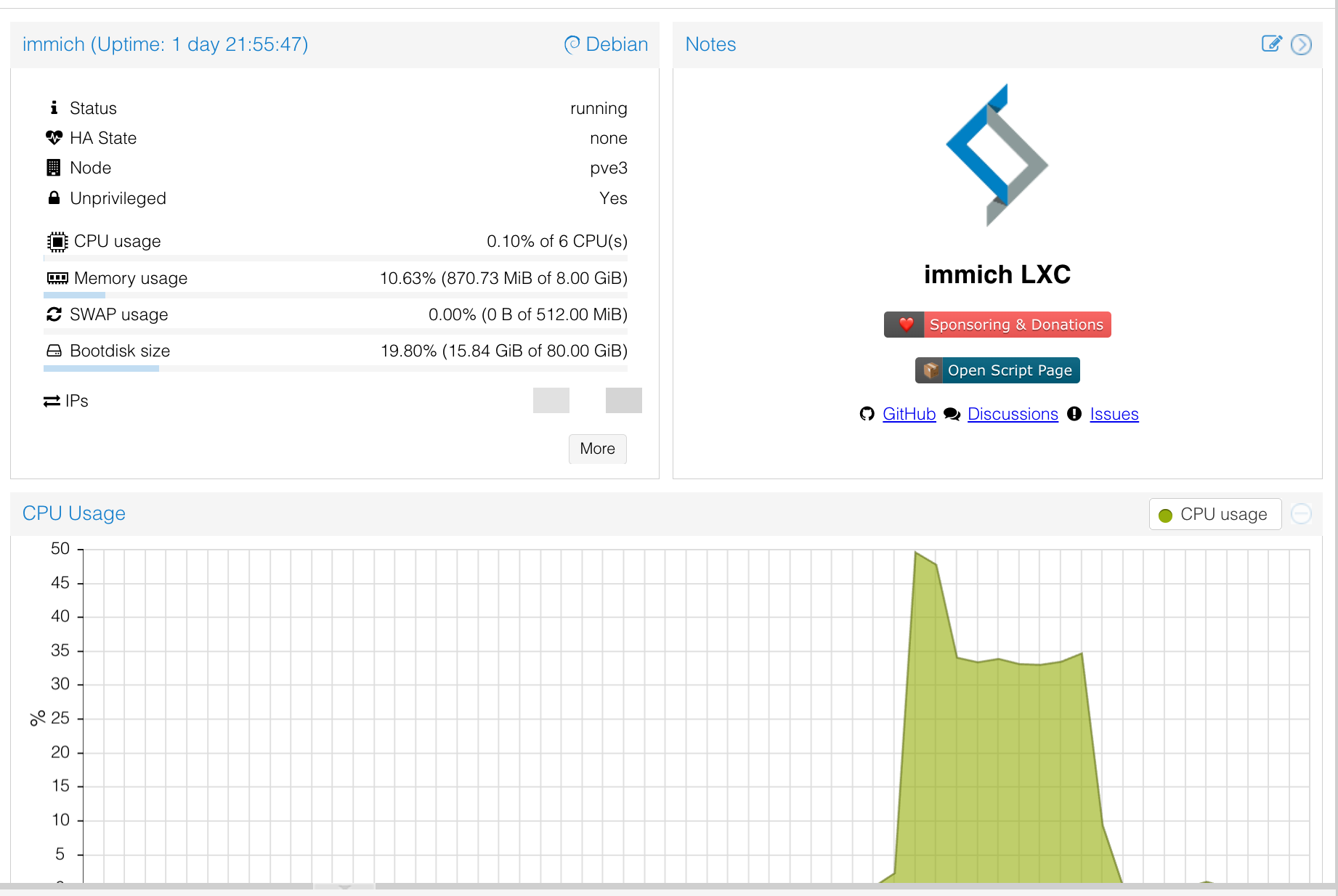 LXC Immich dans Proxmox : uptime, consommation RAM et CPU, créé via community-scripts