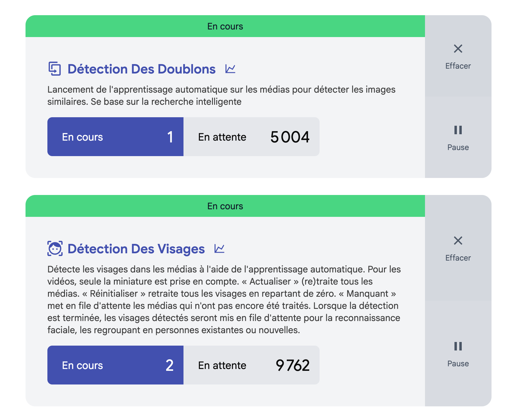 Immich machine learning : détection des doublons et des visages en cours sur 9762 médias