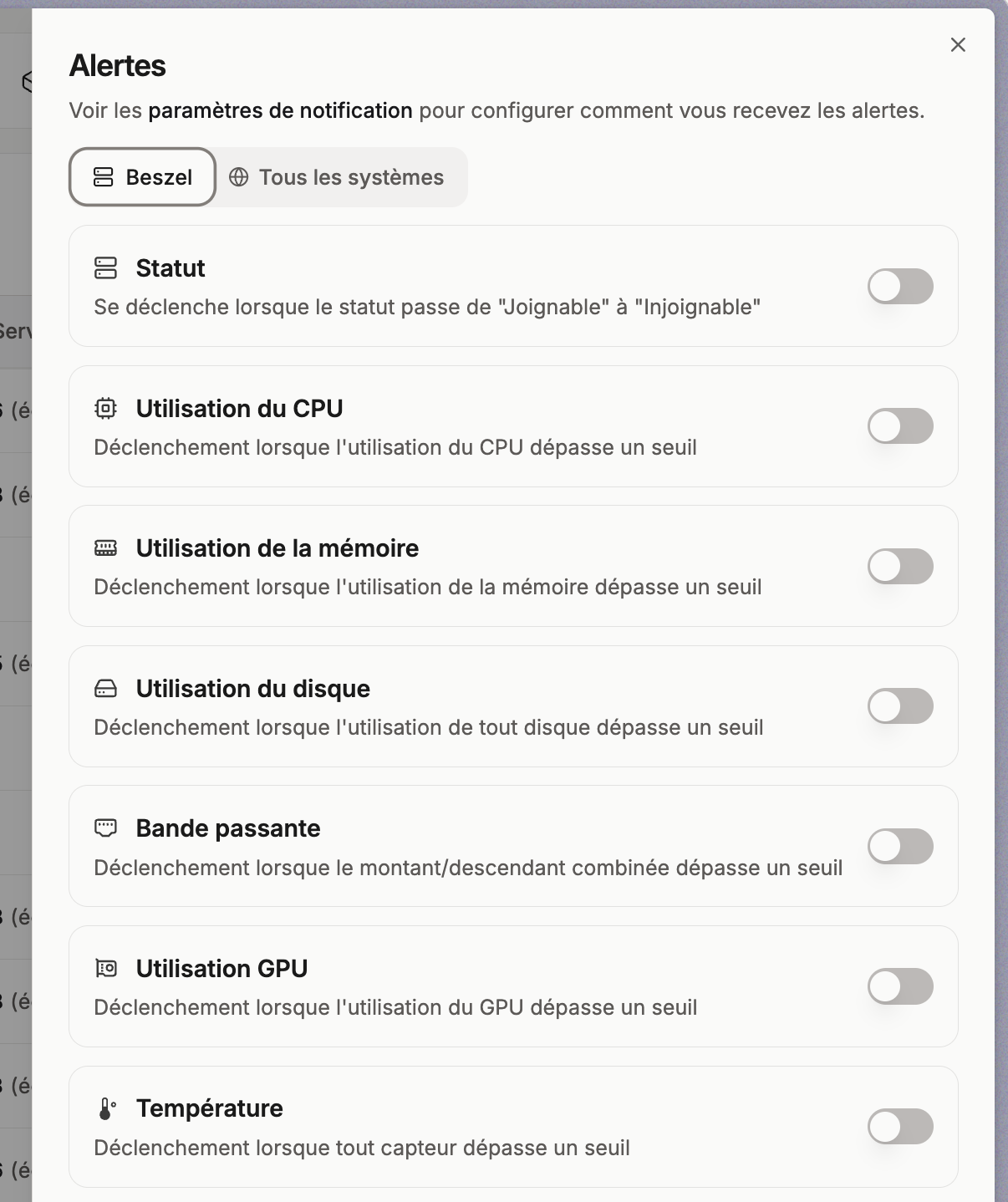 Beszel : panneau de configuration des alertes (statut, CPU, mémoire, disque, bande passante)