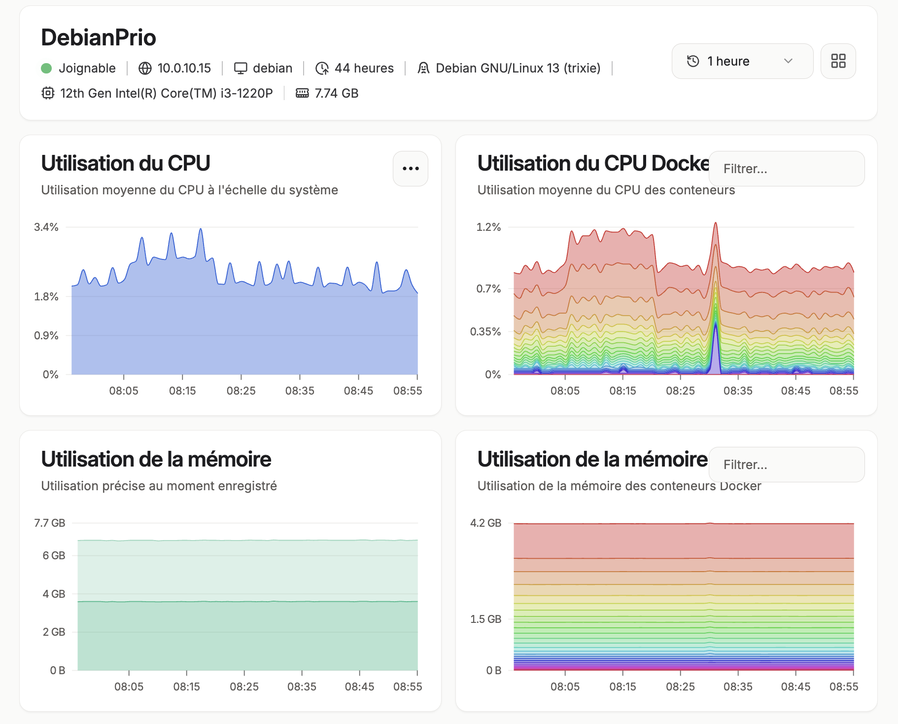 Beszel : détail DebianPrio avec graphiques CPU et mémoire Docker sur 1 heure