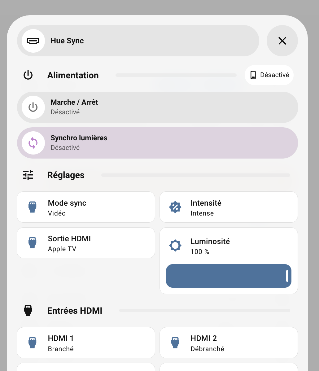 Popup Hue Sync - Alimentation, réglages, entrées HDMI