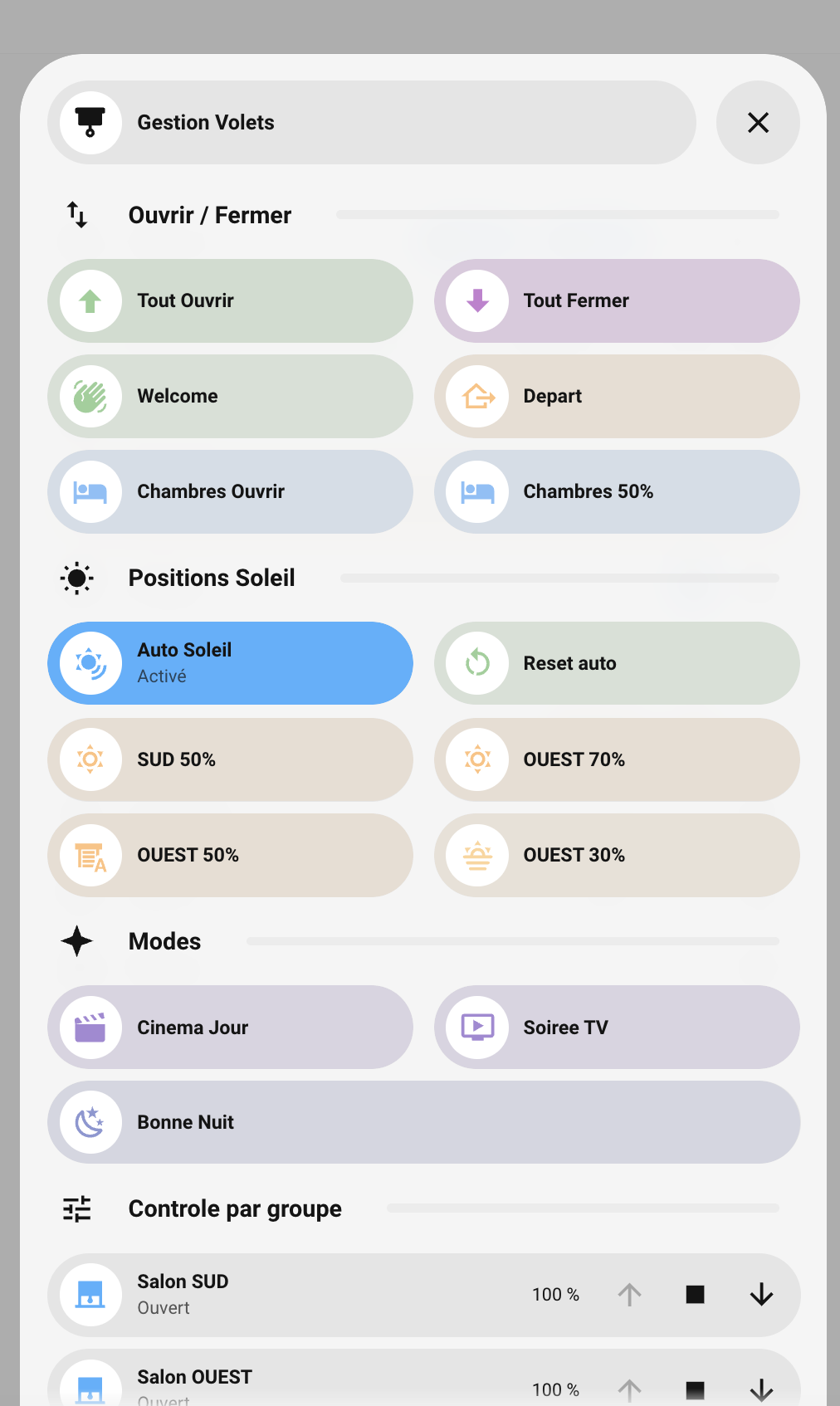 Popup Volets - Scripts rapides, positions soleil, modes et groupes