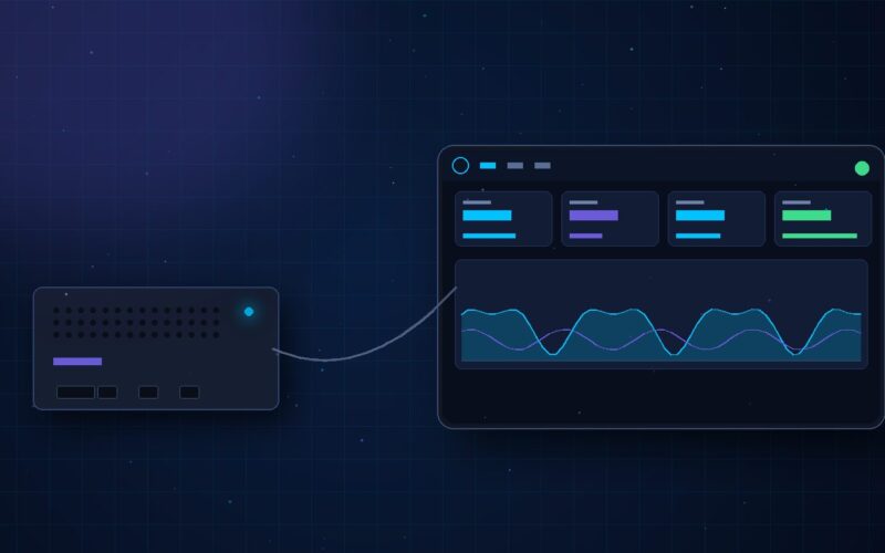 Kiosque tactile UniFi sur Intel NUC Proxmox avec dashboard réseau affiché et câble USB-C
