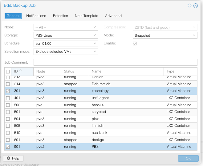 Proxmox VE - configuration du backup job avec la liste des VMs et LXC à sauvegarder