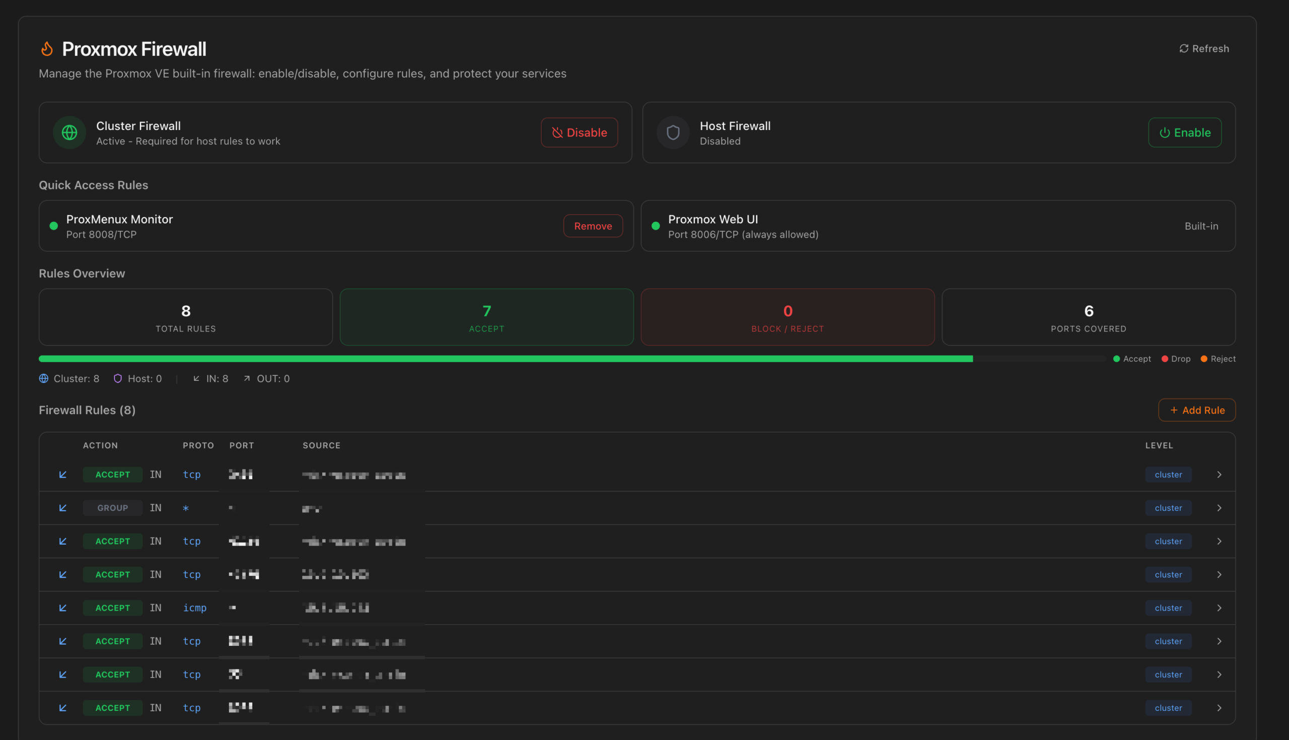 ProxMenux Monitor — Section Security avec règles firewall Proxmox