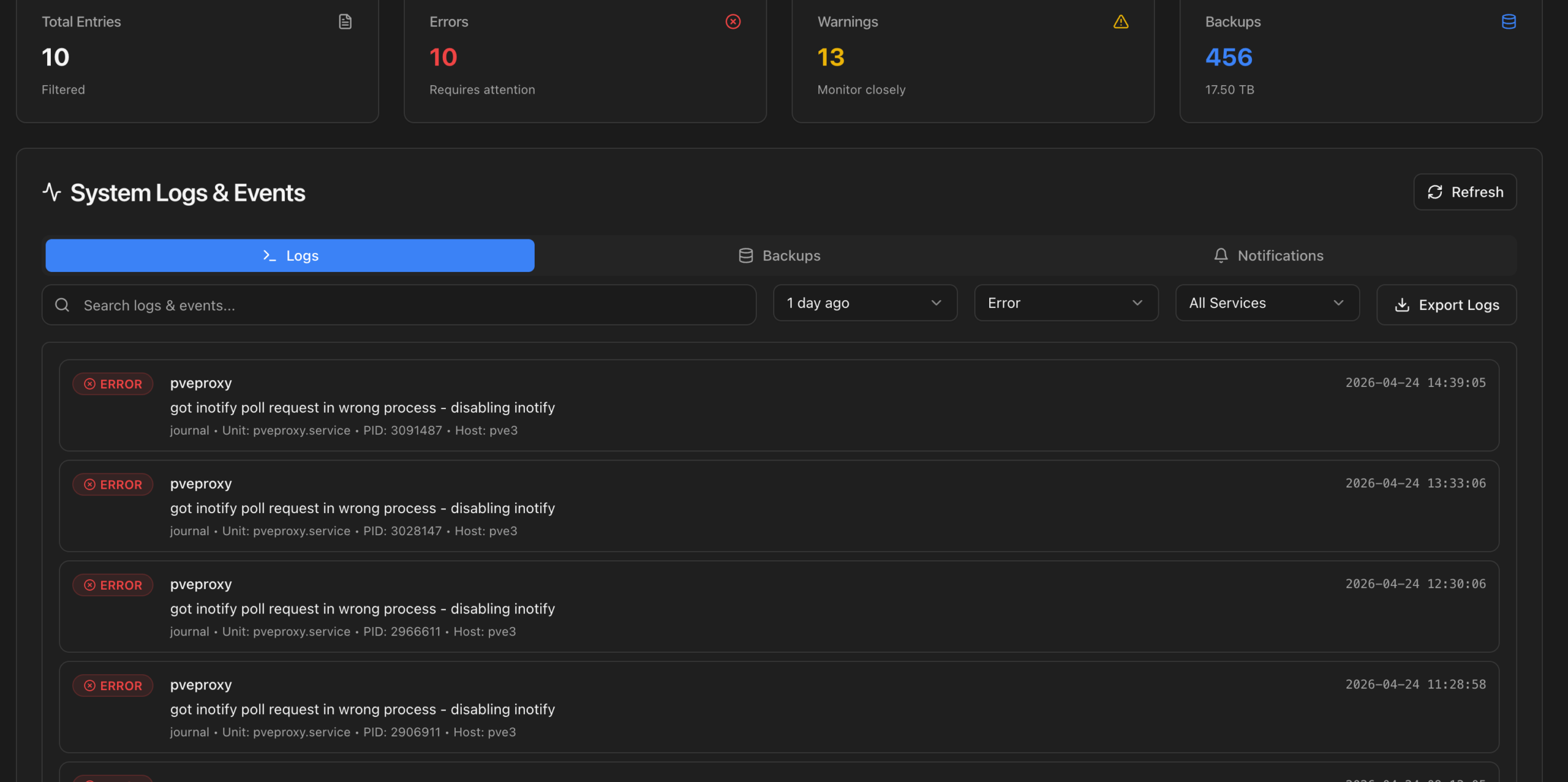 ProxMenux Monitor — Journal de logs avec erreurs pveproxy en direct