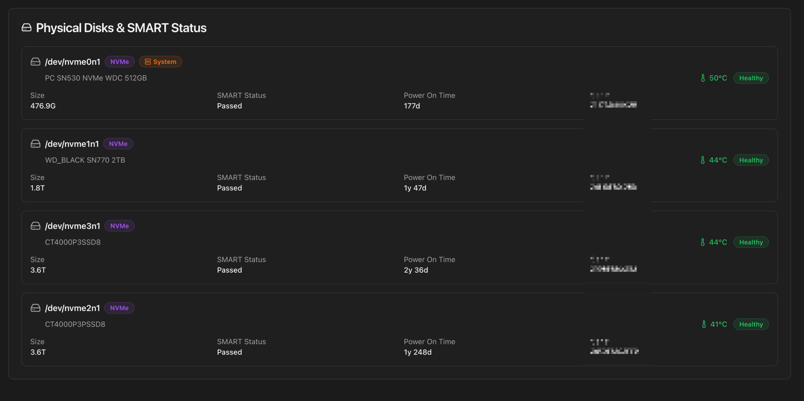 ProxMenux Monitor — Températures et statut SMART des 4 NVMe du MS-01