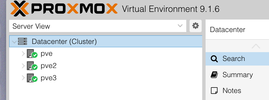 Proxmox VE 9.1.6 &mdash; cluster tree avec 3 n&oelig;uds pve, pve2, pve3