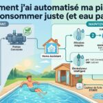 Infographie comparant la gestion de piscine avant et après l'automatisation avec Home Assistant : filtration, électrolyseur et sécurité fuite