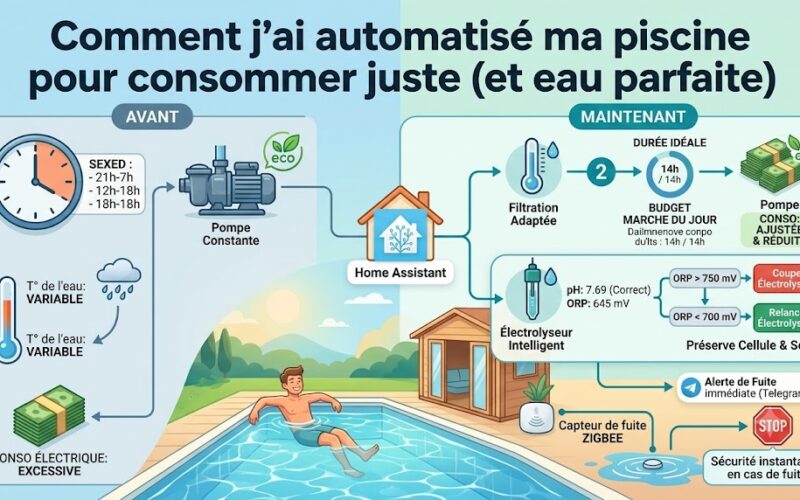 Infographie comparant la gestion de piscine avant et après l'automatisation avec Home Assistant : filtration, électrolyseur et sécurité fuite