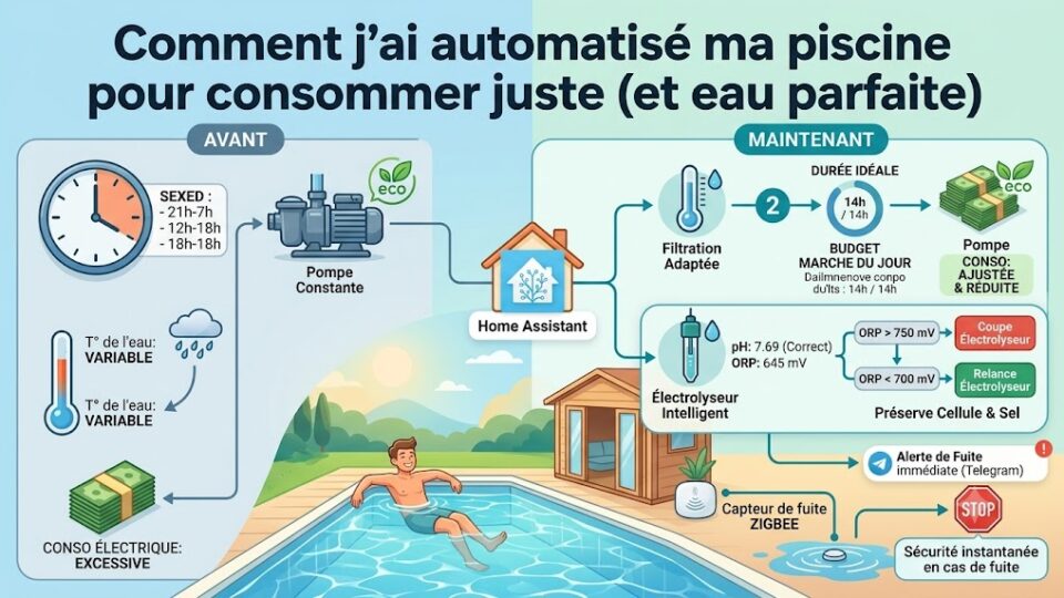 Infographie comparant la gestion de piscine avant et après l'automatisation avec Home Assistant : filtration, électrolyseur et sécurité fuite