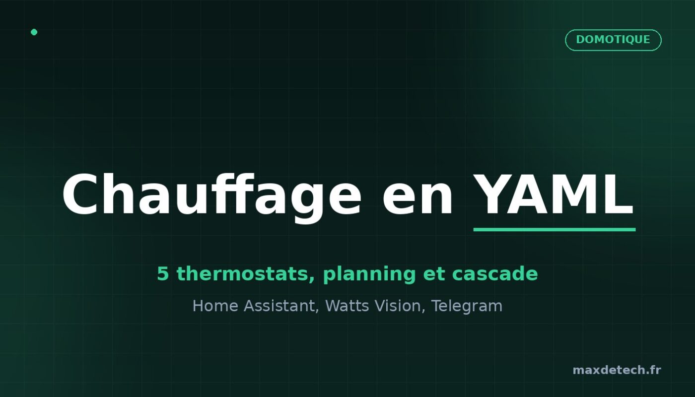 Illustration : automatisation du chauffage en YAML avec 5 thermostats Home Assistant, planning par type de journée et cascade de chaleur gratuite