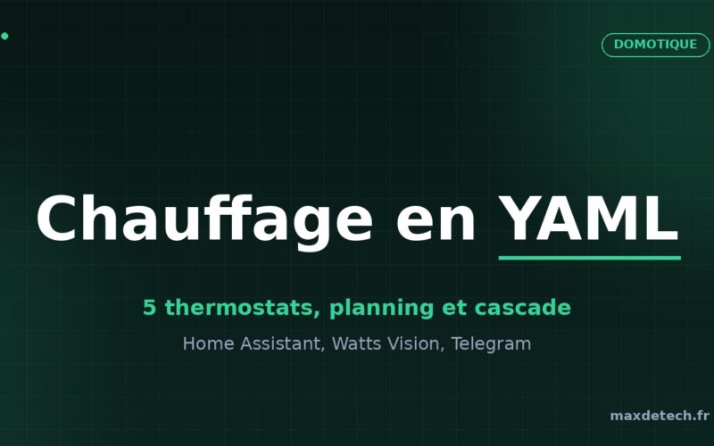 Illustration : automatisation du chauffage en YAML avec 5 thermostats Home Assistant, planning par type de journée et cascade de chaleur gratuite