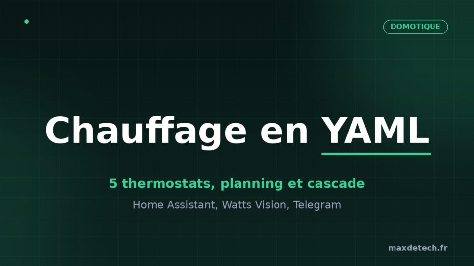 Illustration : automatisation du chauffage en YAML avec 5 thermostats Home Assistant, planning par type de journée et cascade de chaleur gratuite