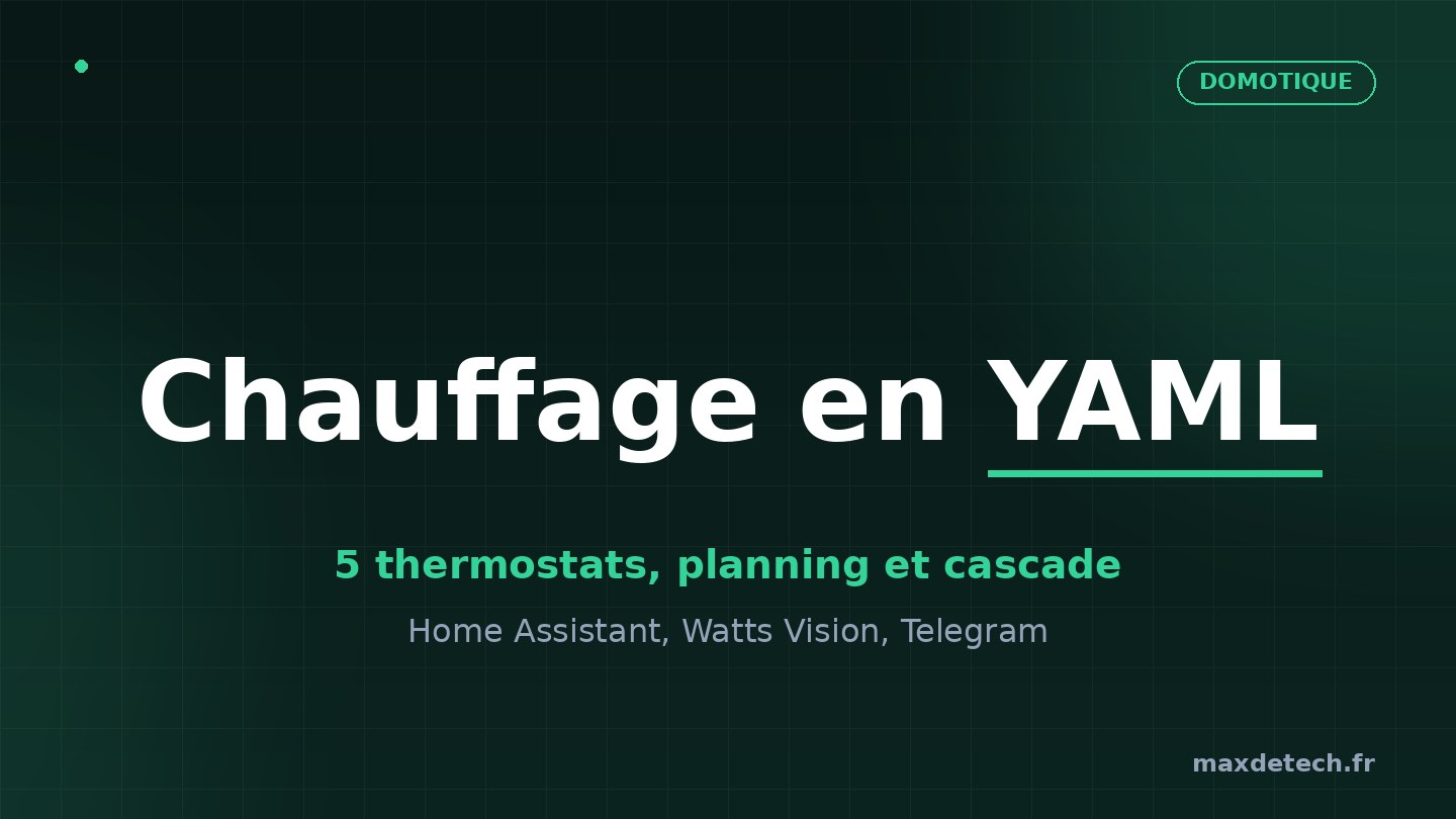 Illustration : automatisation du chauffage en YAML avec 5 thermostats Home Assistant, planning par type de journée et cascade de chaleur gratuite