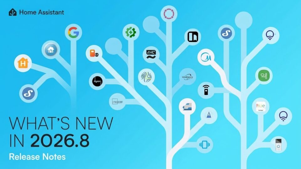 Illustration officielle Home Assistant présentant les nouveautés et nouvelles intégrations de la version 2026.8